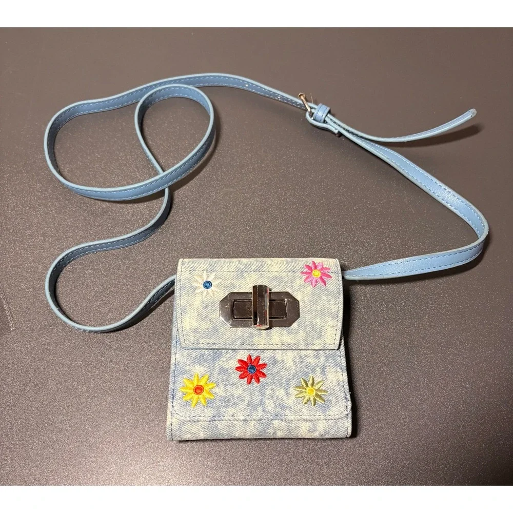 Unbranded Floral Denim Crossbody Wallet Women Small Blue Excellent Y2K Acid Wash